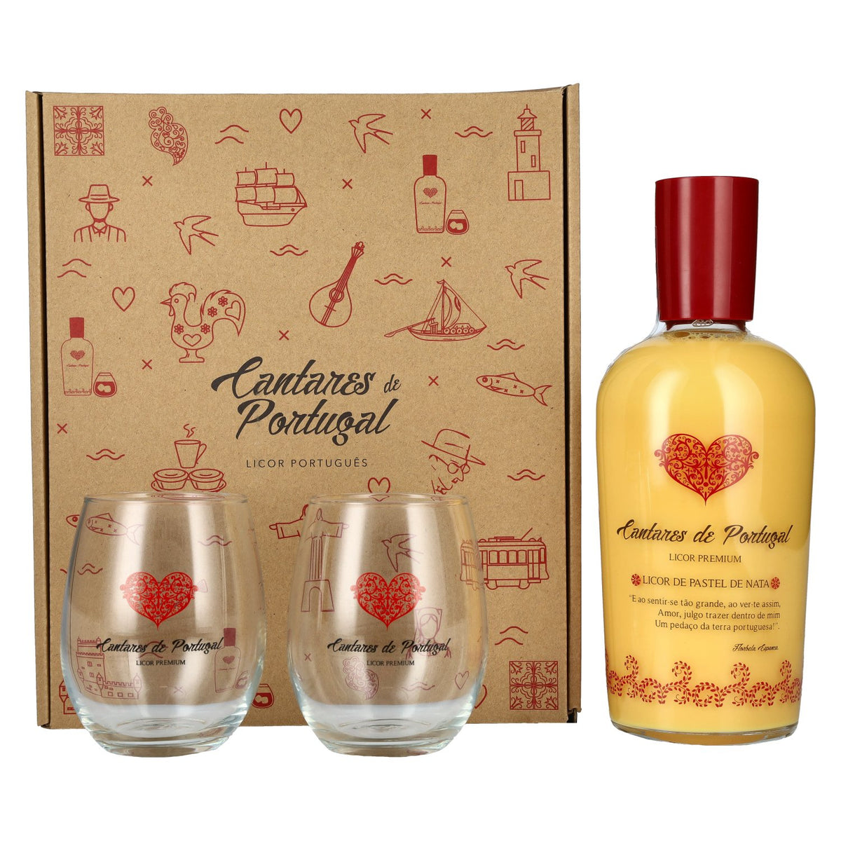 Cantares de Portugal Licor de Pastel de Nata 15% vol. 0,7l en boîte cadeau avec 2 verres