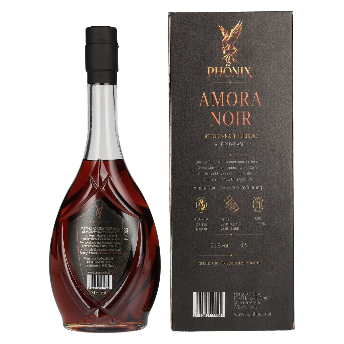 Liqueur Phönix Amora Noir au chocolat et au café, à base de rhum, 31 % vol., 0,5 l