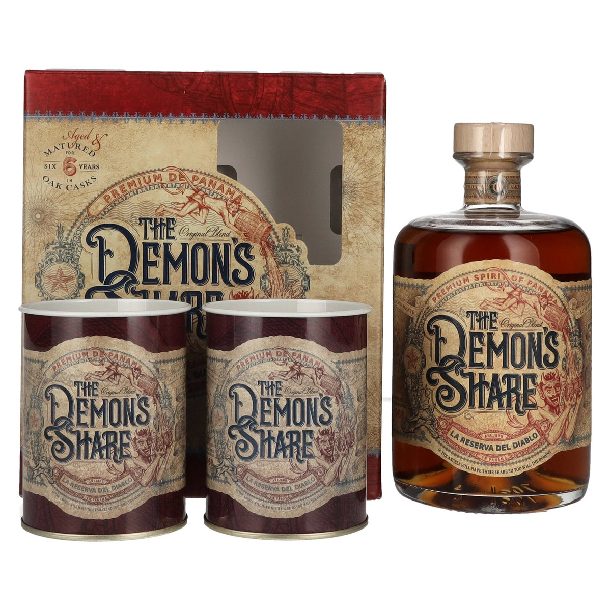 The Demon's Share 6 Years Old Spirit Drink 40% Vol. 0,7l en coffret cadeau avec 2 canettes The Demon's Share