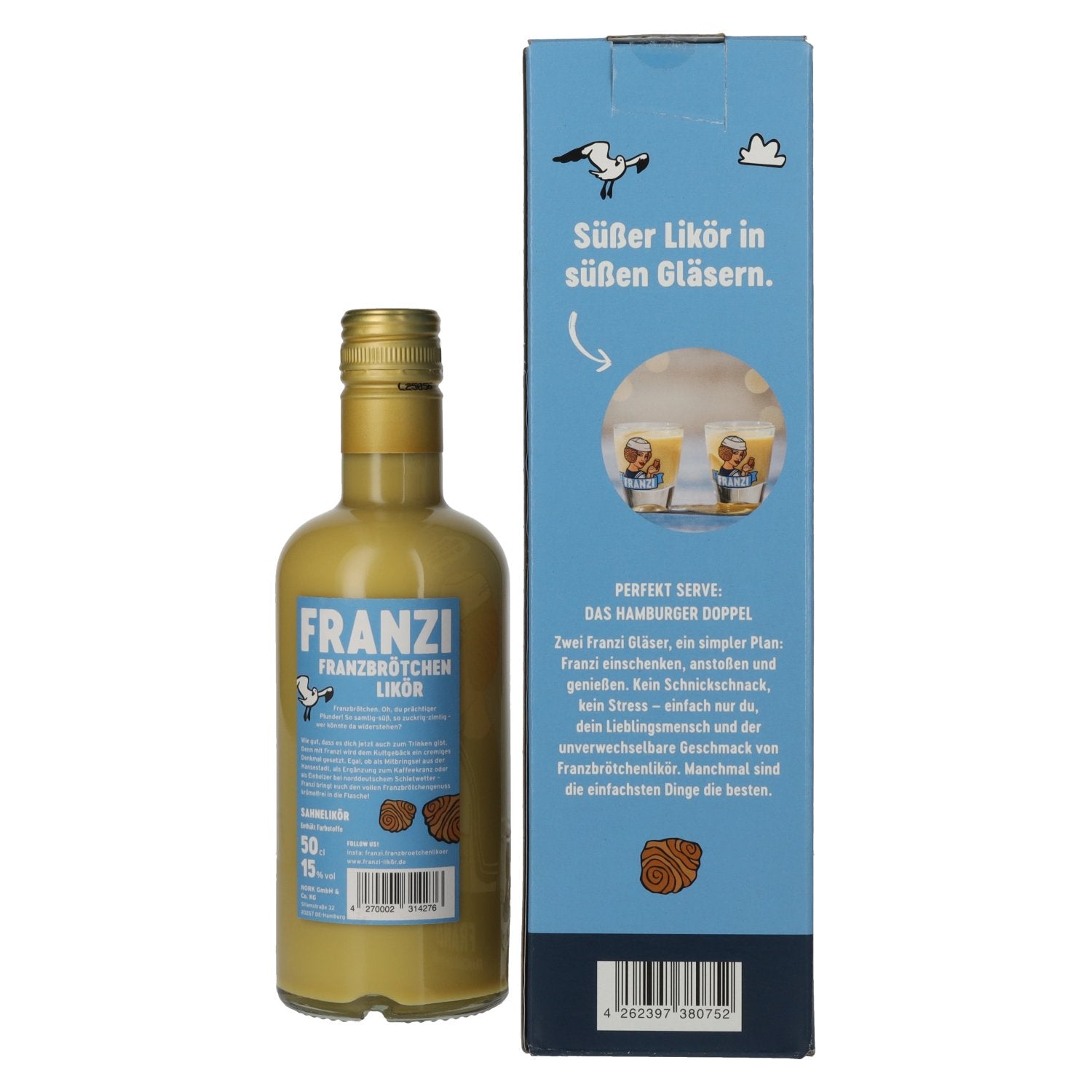 Franzi Franzbrötchen Likör 15% vol. 0,5l en boîte cadeau avec 2 verres à shot