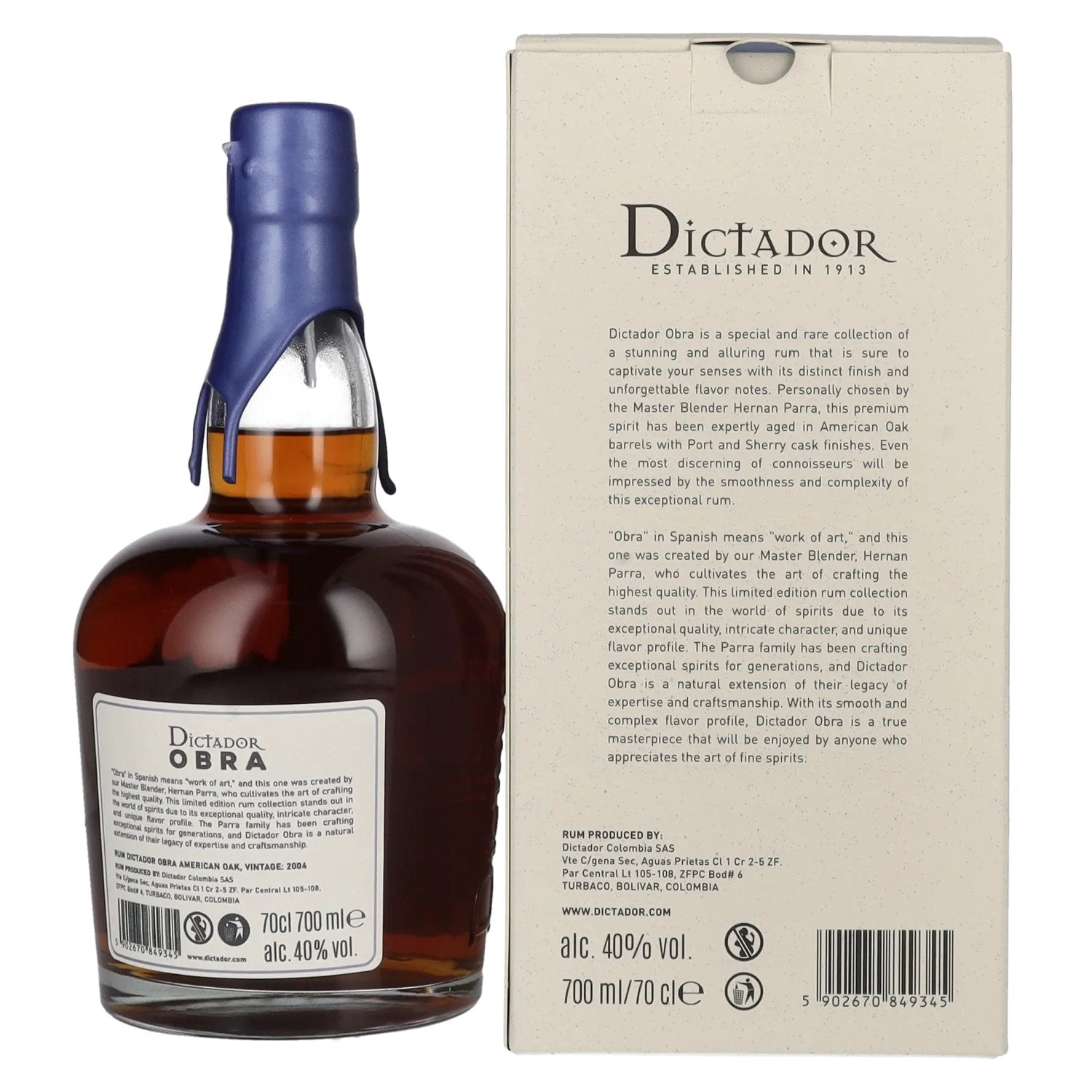 Dictador OBRA VINTAGE 19 Years Old AMERICAN OAK CASK Rum 2004 40% Vol. 0,7l in Geschenkbox