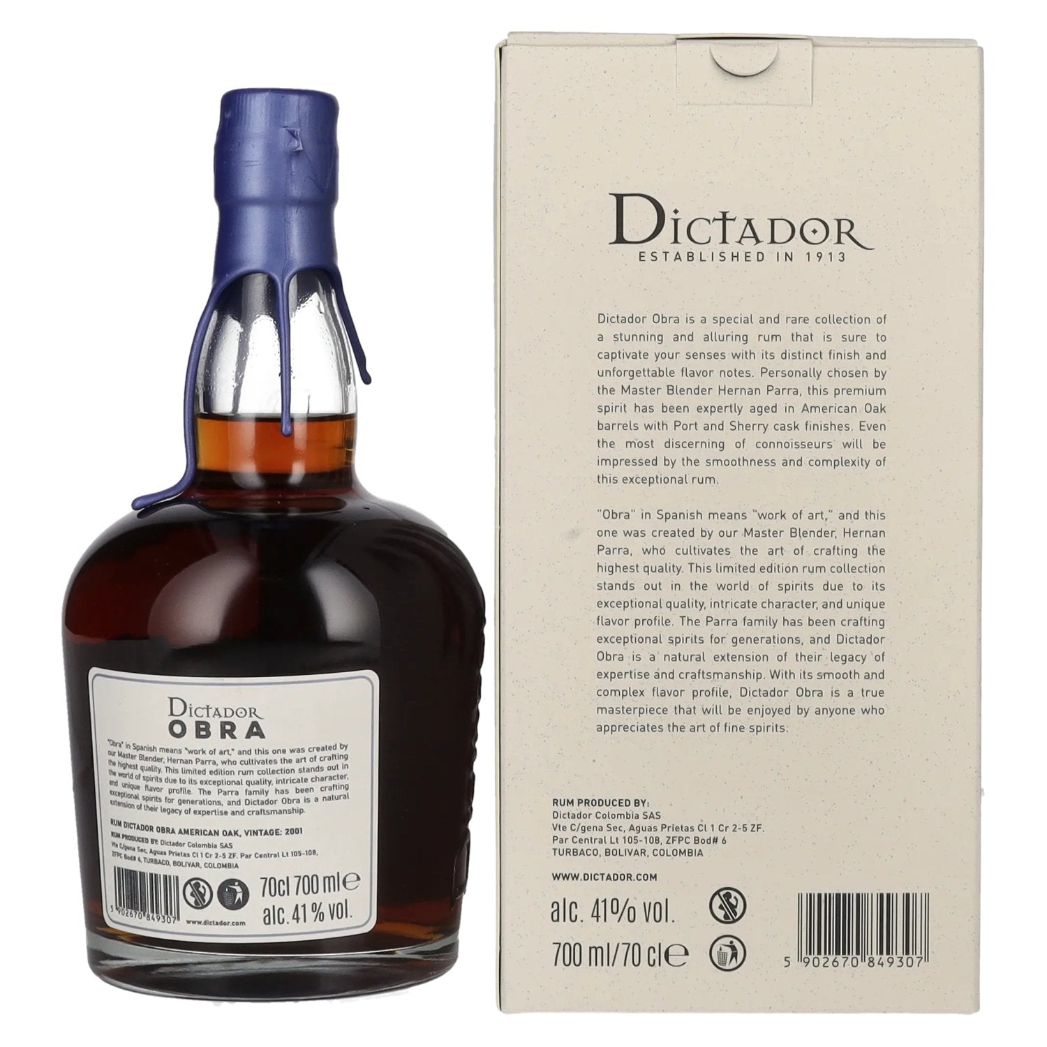 Dictador OBRA VINTAGE 22 Years Old AMERICAN OAK CASK Rum 2001 41% Vol. 0,7l in Geschenkbox