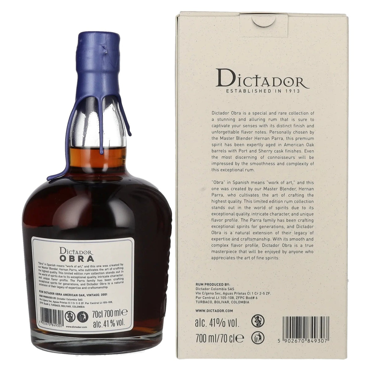 Dictador OBRA VINTAGE 22 Years Old AMERICAN OAK CASK Rum 2001 41% Vol. 0,7l in gift box