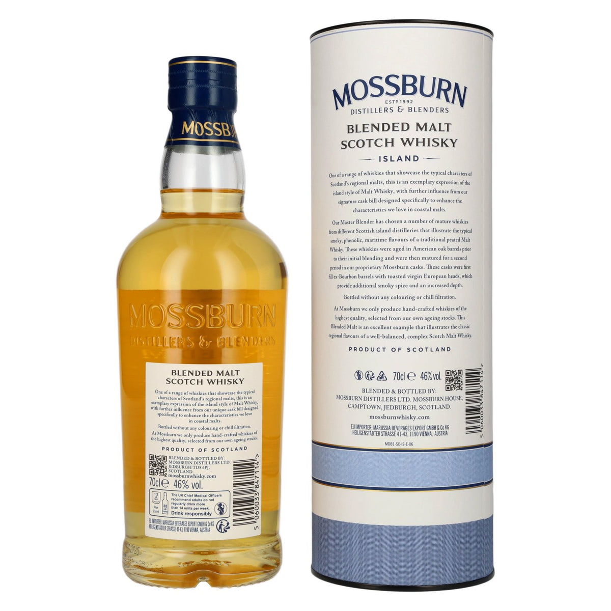 Whisky écossais blended malt Mossburn Island, Cask Bill #1, 46 % vol., 0,7 l, dans un coffret cadeau