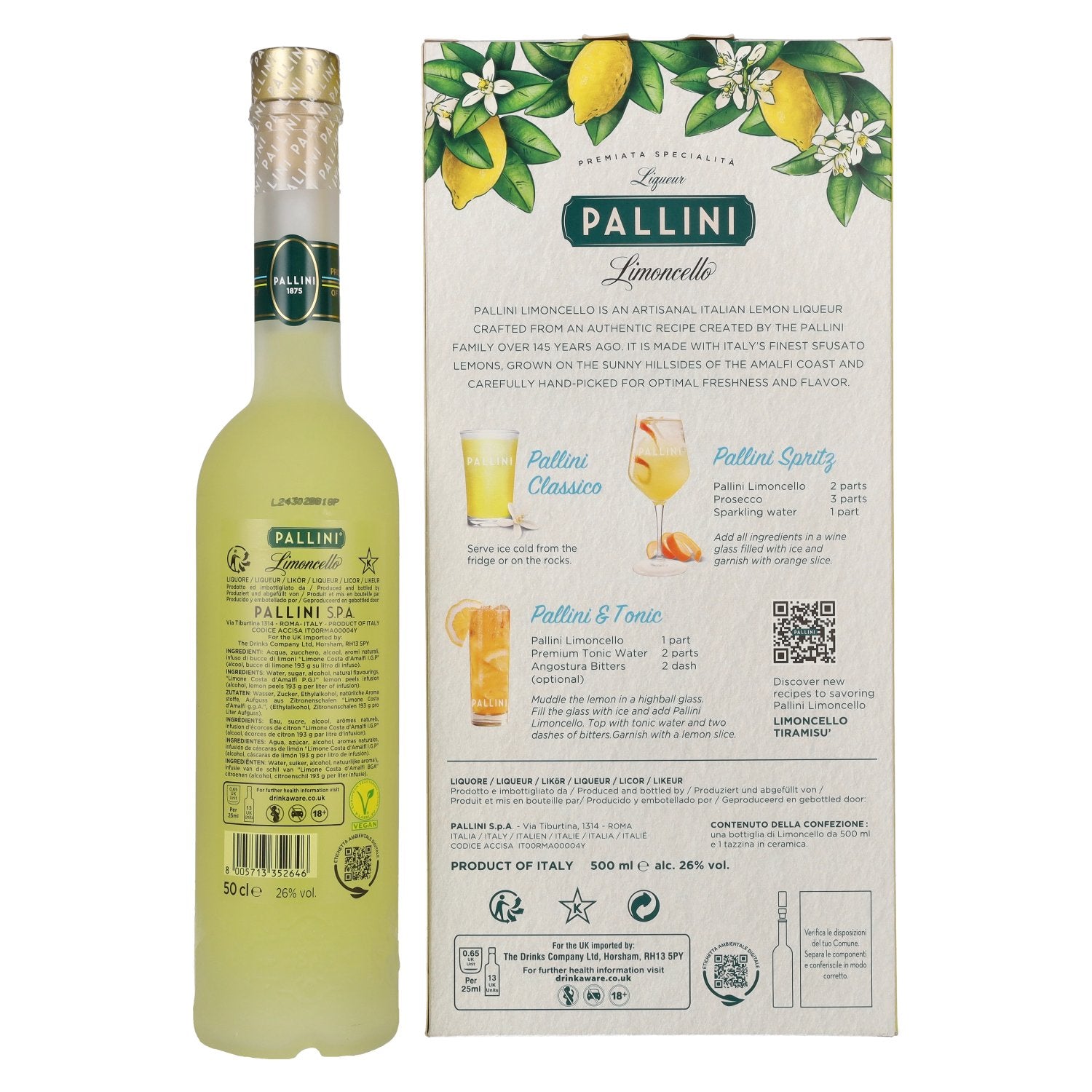 Pallini Limoncello Liqueur 26% vol. 0,5l en boîte cadeau avec gobelet en céramique
