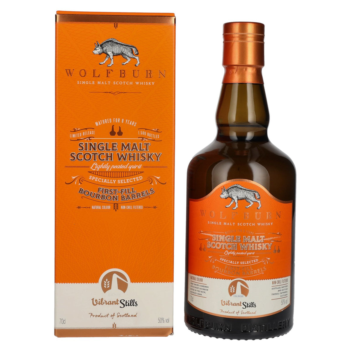 Wolfburn VIBRANT STILLS 8 Years Old Specially Selected First-Fill Bourbon Barrels 50% vol. 0.7 l in a gift box