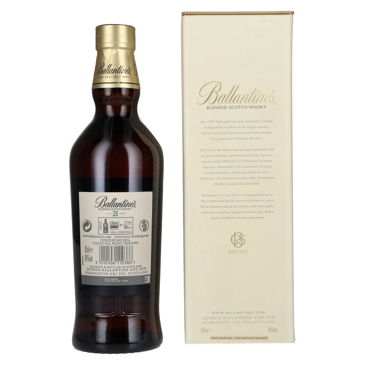 Ballantine's Whisky écossais blended 21 ans d'âge, 40 % vol., 0,7 l, dans un coffret cadeau