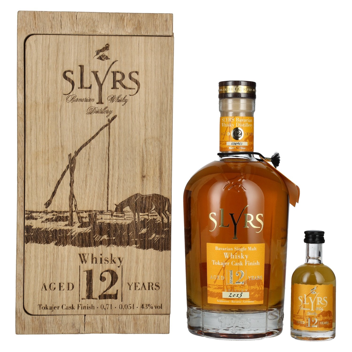Slyrs 12 Years Old TOKAJER CASK FINISH Bavarian Single Malt Whisky 2013 43% Vol. 0,7l dans une caisse en bois avec miniature de 0,05l