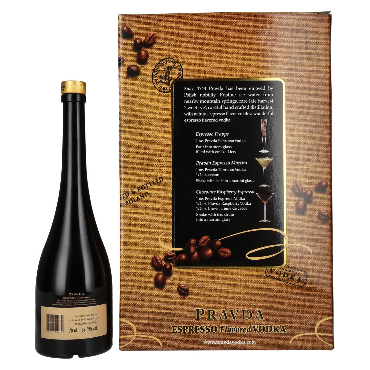 Pravda ESPRESSO Flavored Vodka 37,5% Vol. 0,7l in Geschenkbox mit 2 Gläser
