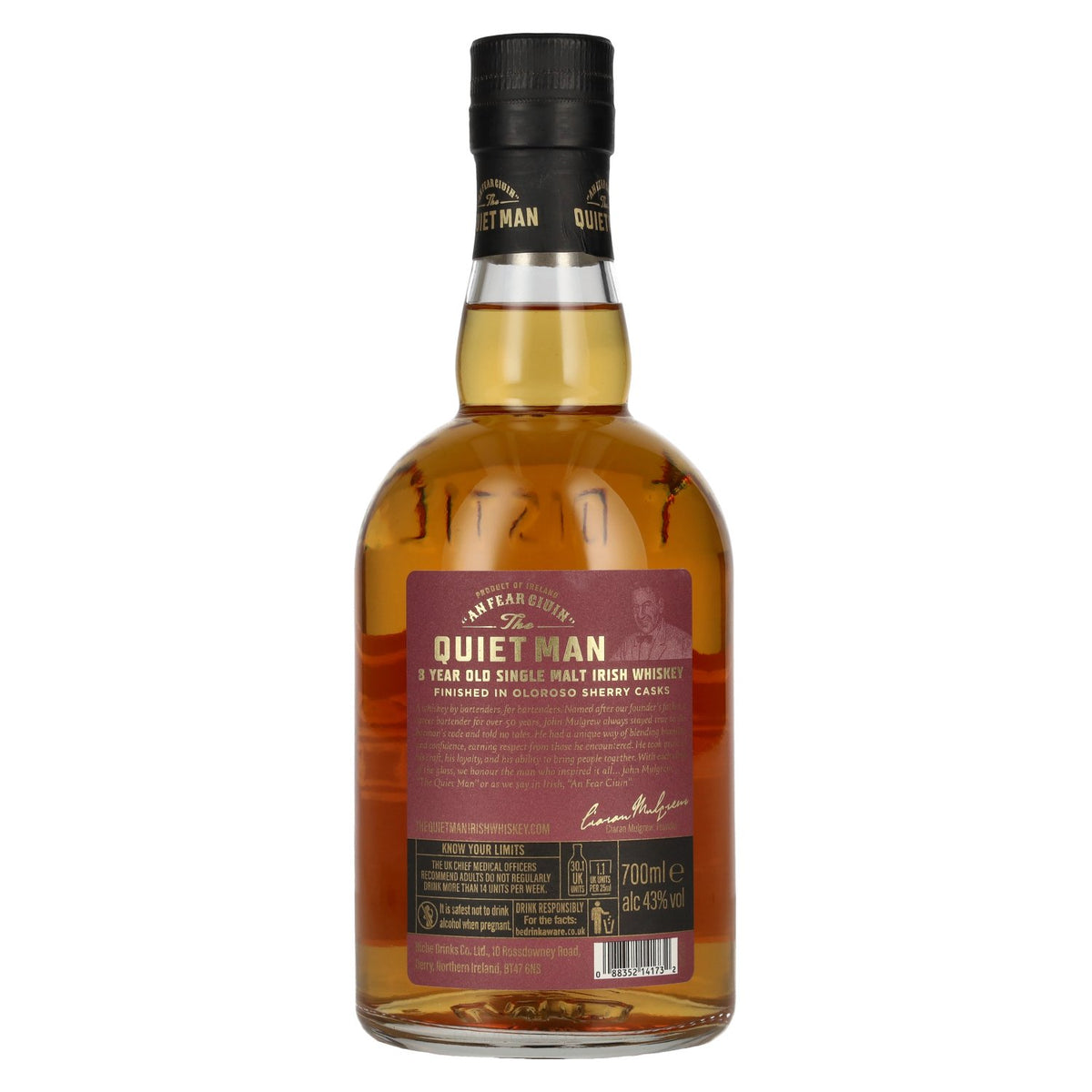 The Quiet Man Irish Whiskey AN FEAR CIUIN, whisky irlandais single malt de 8 ans d'âge, vieilli en fûts de sherry, 43 % vol., 0,7 l
