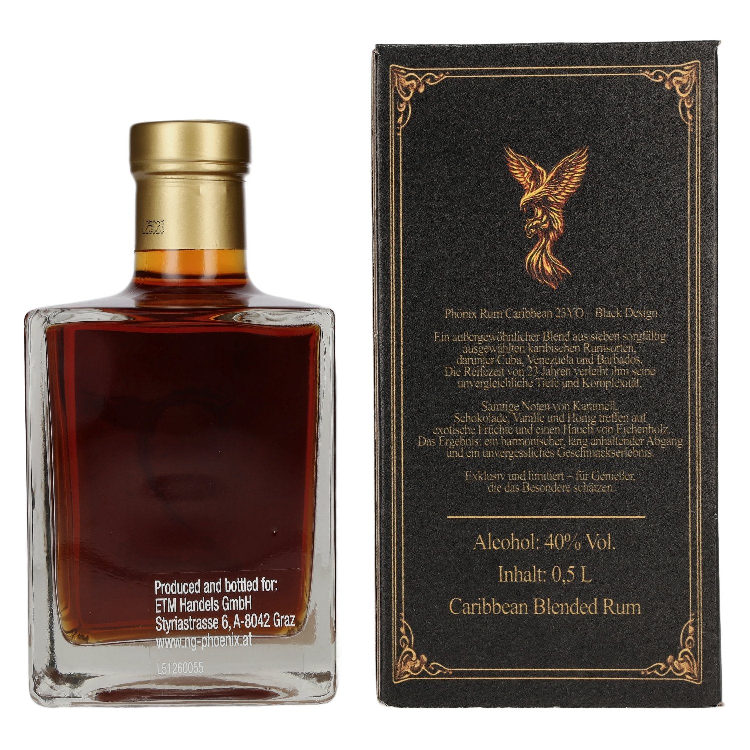 Phönix 23 Years Old Blended Caribbean Rum Black Design 40% Vol. 0,5l in Geschenkbox