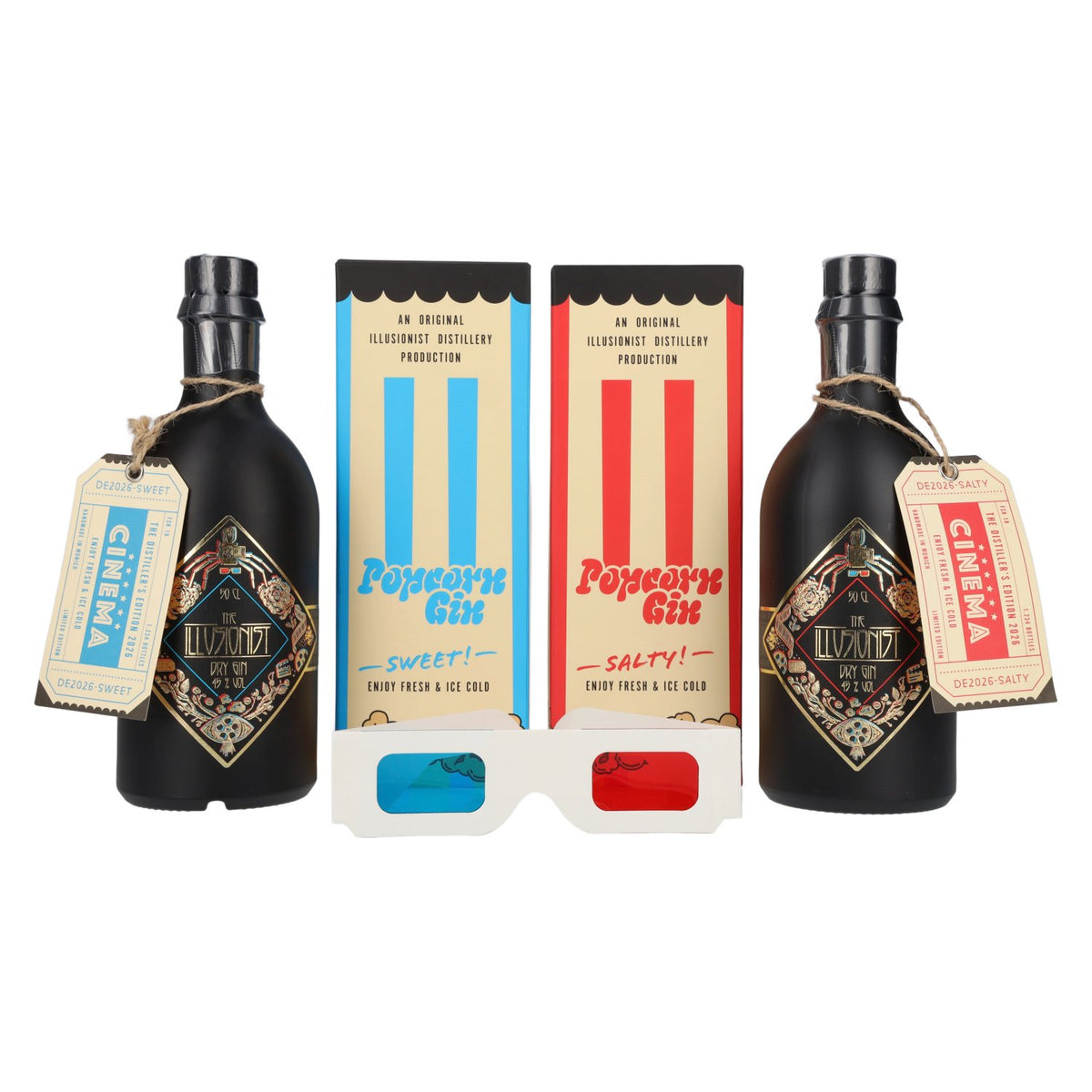 The Illusionist Dry Gin Distiller's The Cinema Edition SWEET N' SALTY 2026 45 % vol. 2 x 0,5 l dans un coffret cadeau avec des lunettes 3D