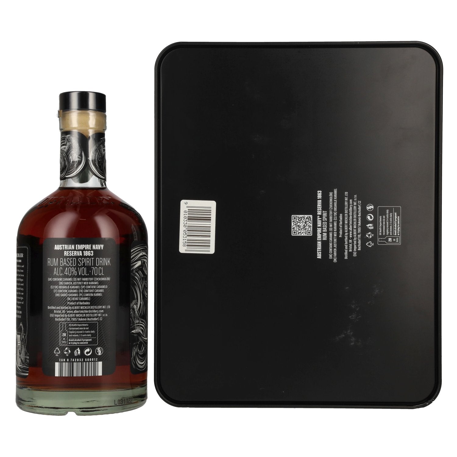 Austrian Empire Navy RESERVA 1863 Spirit Drink 40% vol. 0,7l en boîte cadeau avec 2 verres