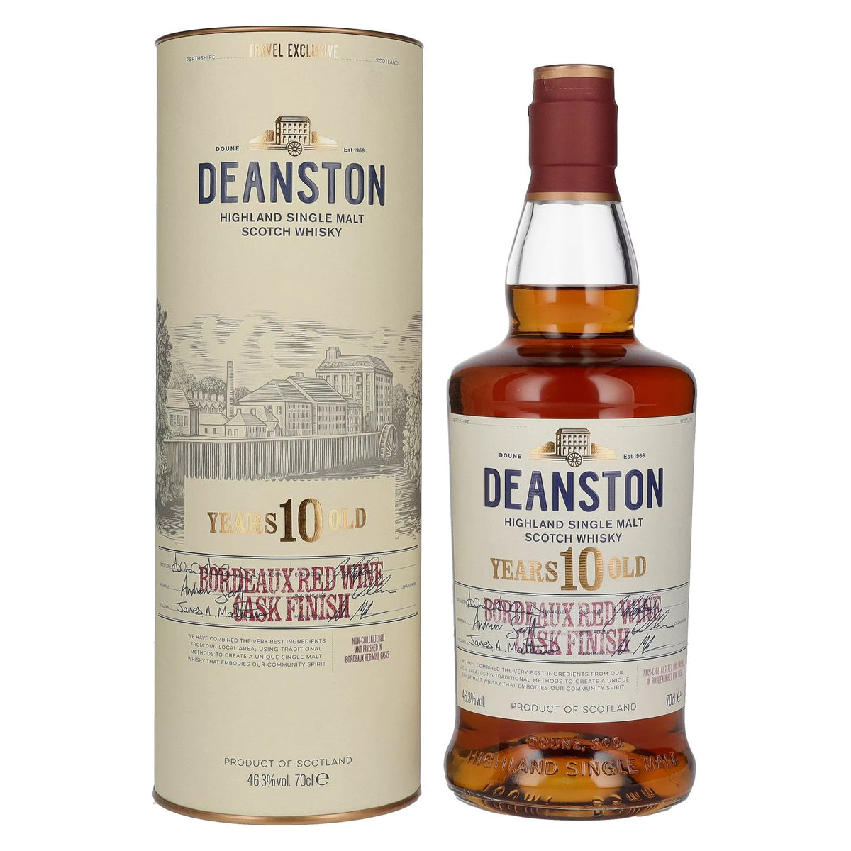 Deanston 10 Years Old Highland Single Malt Bordeaux Red Wine Cask Finish 46,3% Vol. 0,7l en boîte cadeau