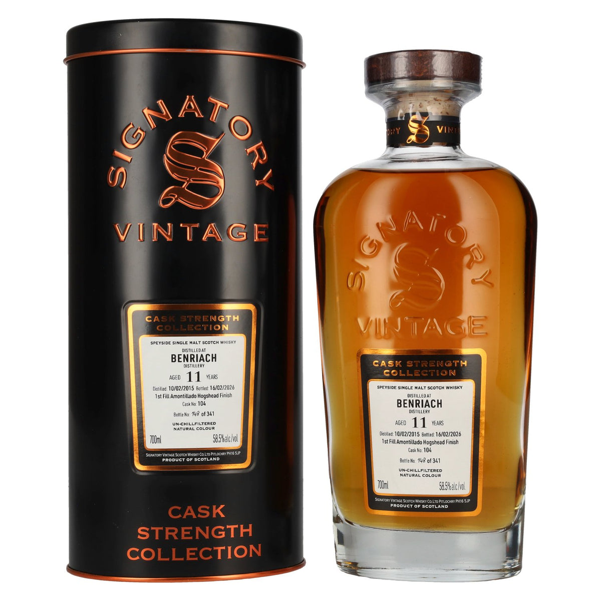 Signatory Vintage Benriach 11 ans d'âge, collection « Cask Strength » n° 104, 2015, 58,5 % vol., 0,7 l, dans un coffret en fer-blanc