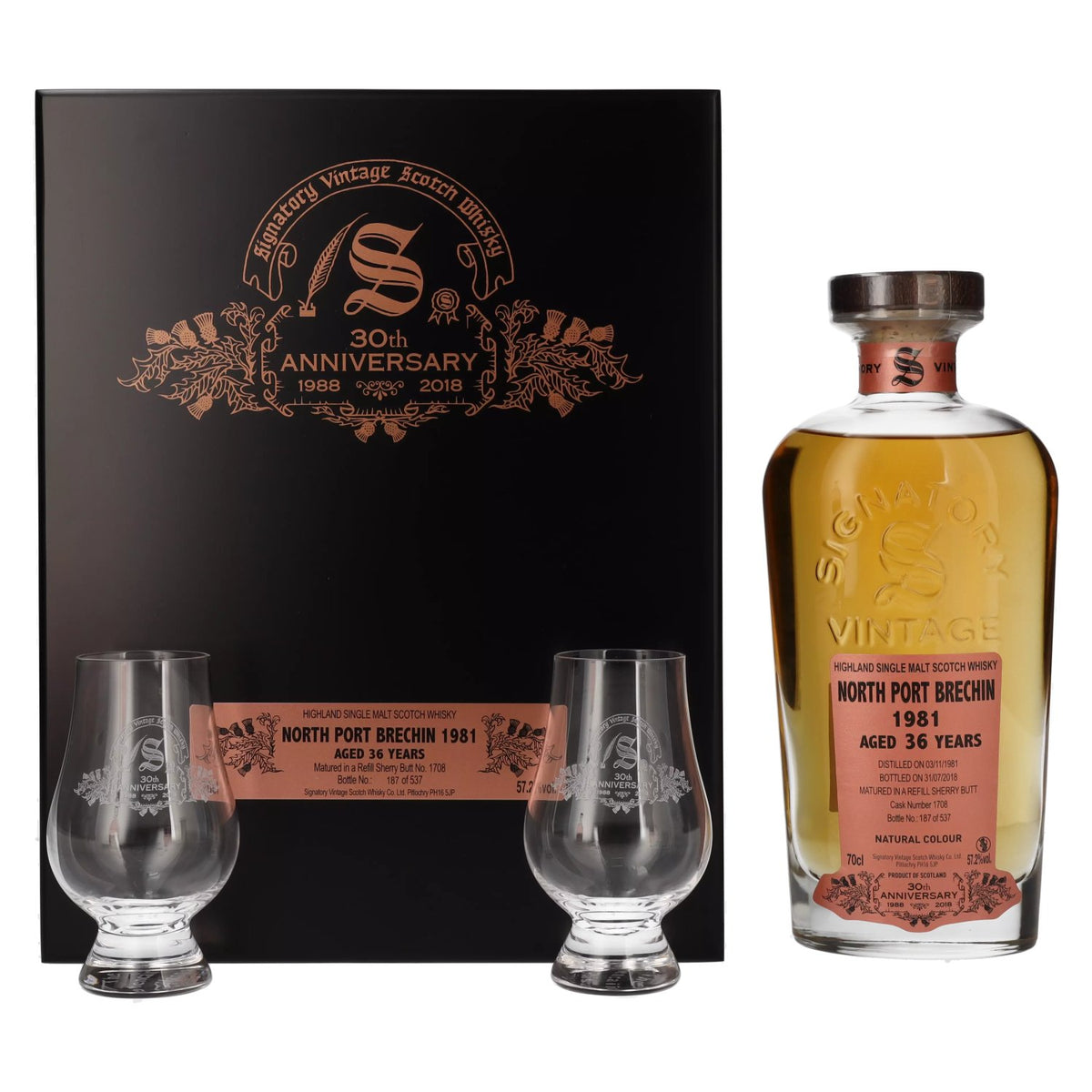 Signatory Vintage NORTH PORT BRECHIN 36 Years Old 30th ANNIVERSARY 1981 57,2% Vol. 0,7l en caisse bois avec 2 verres