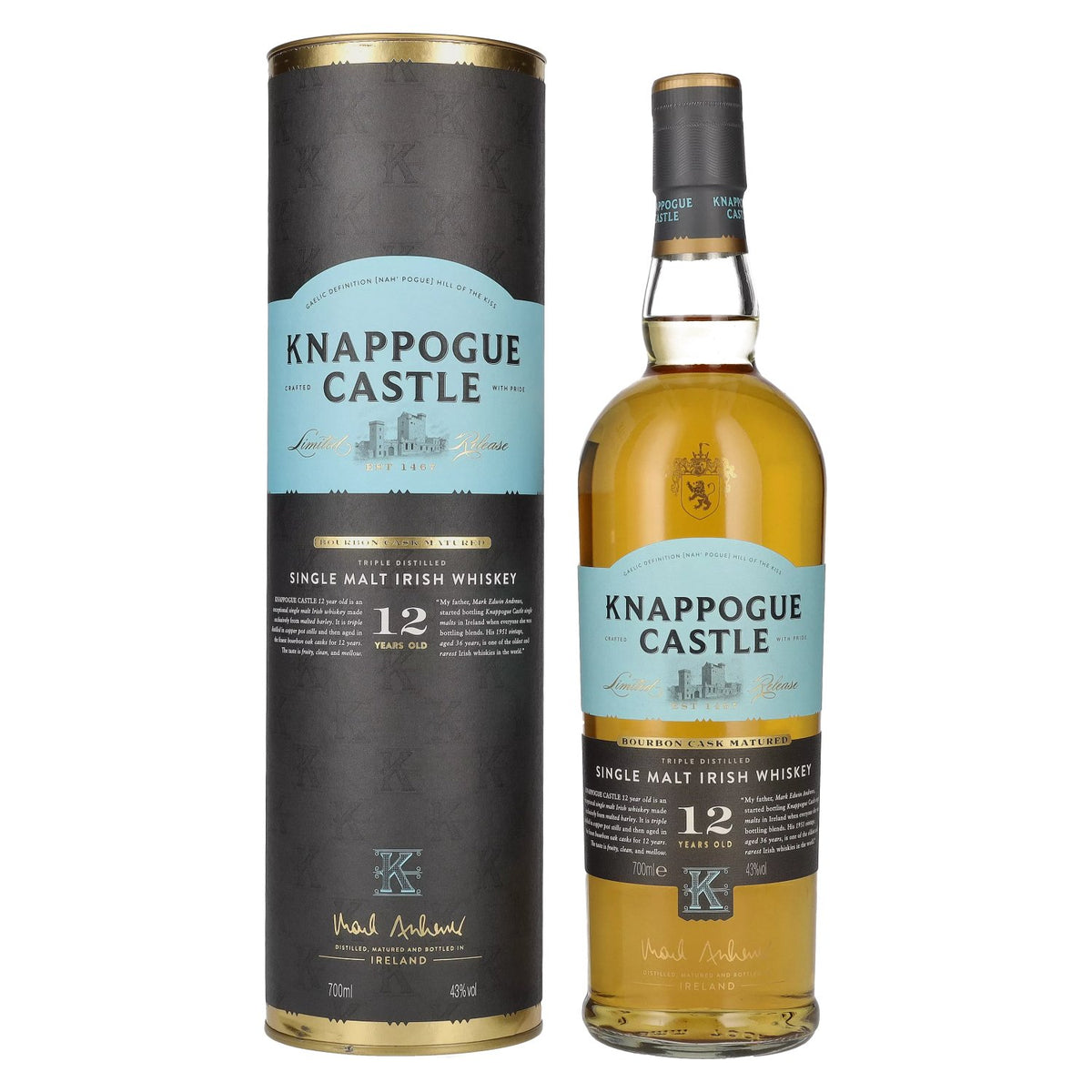 Knappogue Castle 12 ans d'âge, vieilli en fûts de bourbon, 43 % vol., 0,7 l, dans un coffret cadeau