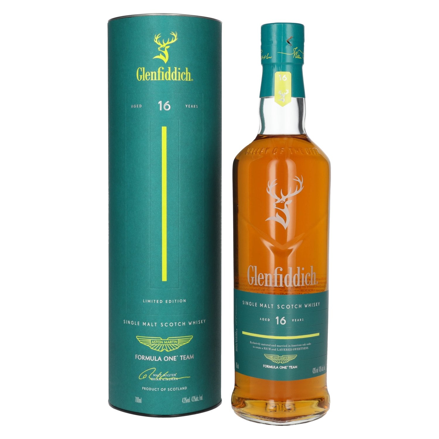 Glenfiddich 16 ans d'âge ASTON MARTIN FORMULA ONE TEAM, whisky single malt écossais, édition 1, 43 % vol., 0,7 l, dans un coffret cadeau