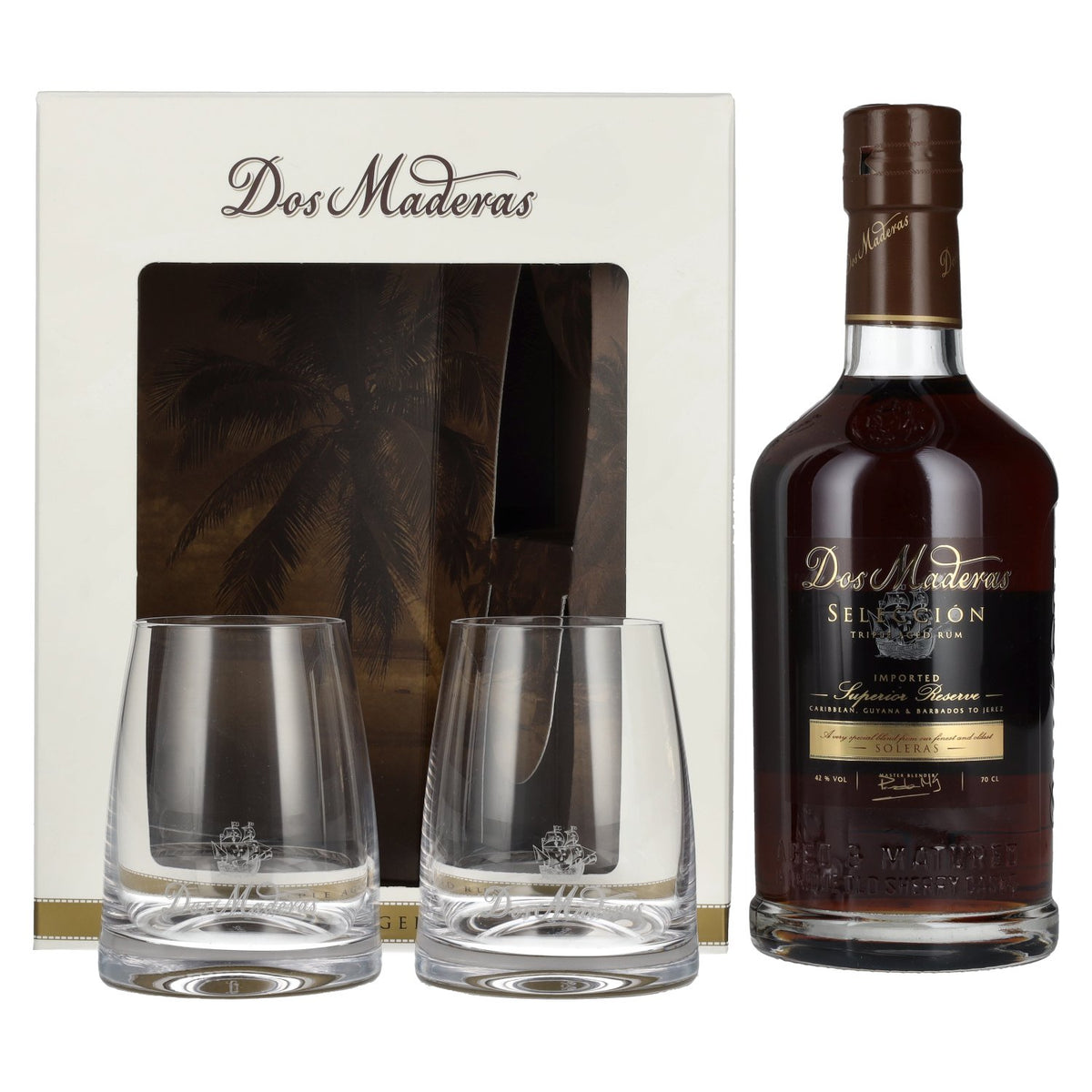 Dos Maderas Selección Superior Reserve Triple Aged Rum 42% Vol. 0,7l in gift box with 2 glasses