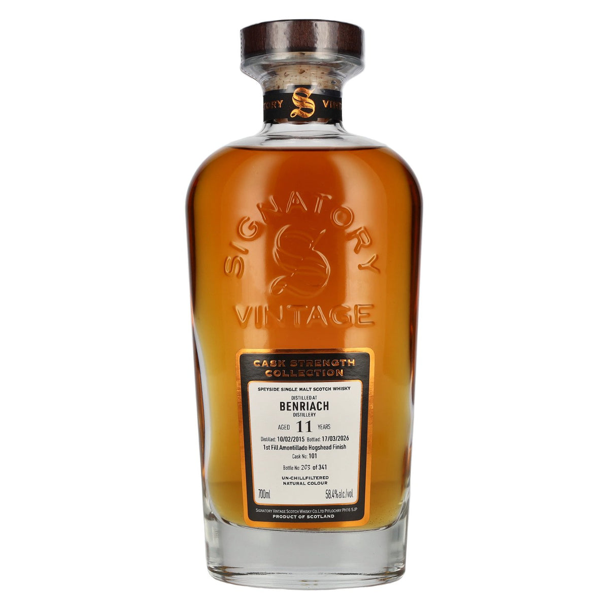 Signatory Vintage Benriach 11 ans d'âge, premier remplissage en fût d'Amontillado, brut de fût n° 101, 58,4 % vol., 0,7 l