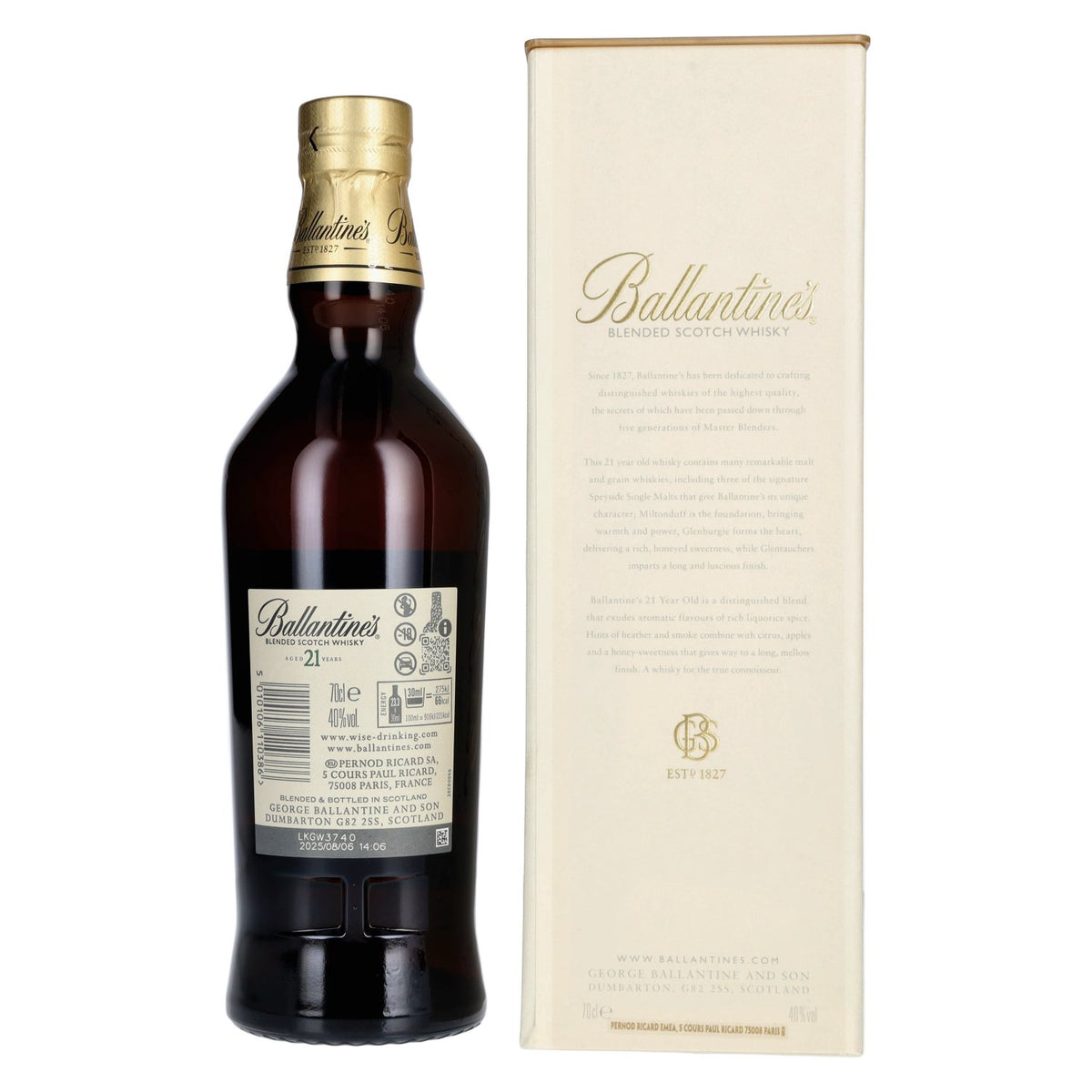 Ballantine's 21-Year-Old Blended Scotch Whisky, 40% ABV, 0.7 litres, in a gift box