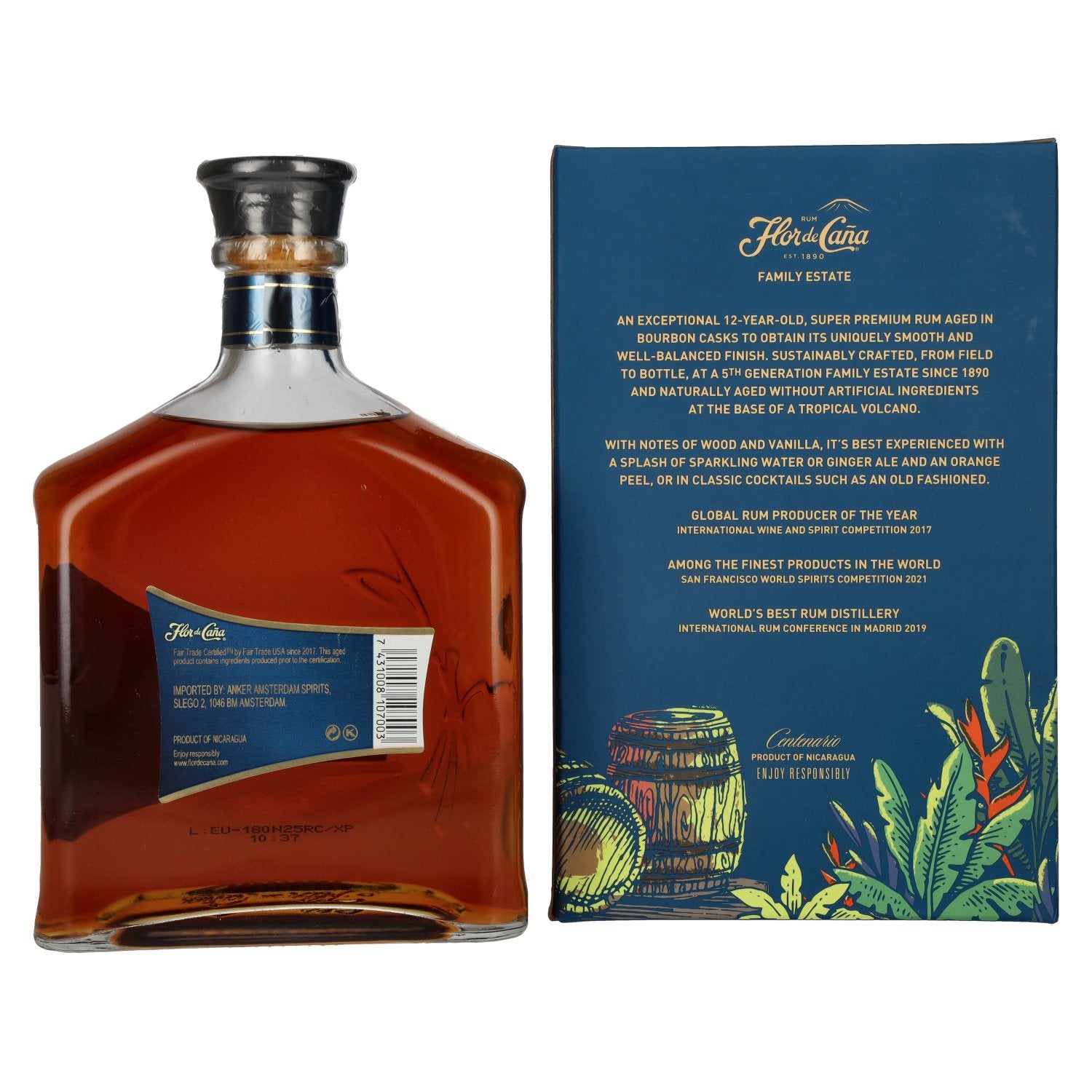 Flor de Caña Centenario 12-Year-Old Rum 40% ABV 0.7l in a gift box