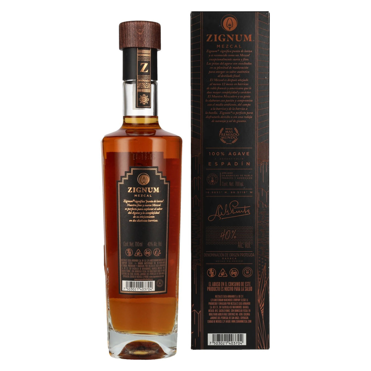 Zignum Mezcal Añejo 100% Agave Espadín 40% Vol. 0,7l en boîte cadeau