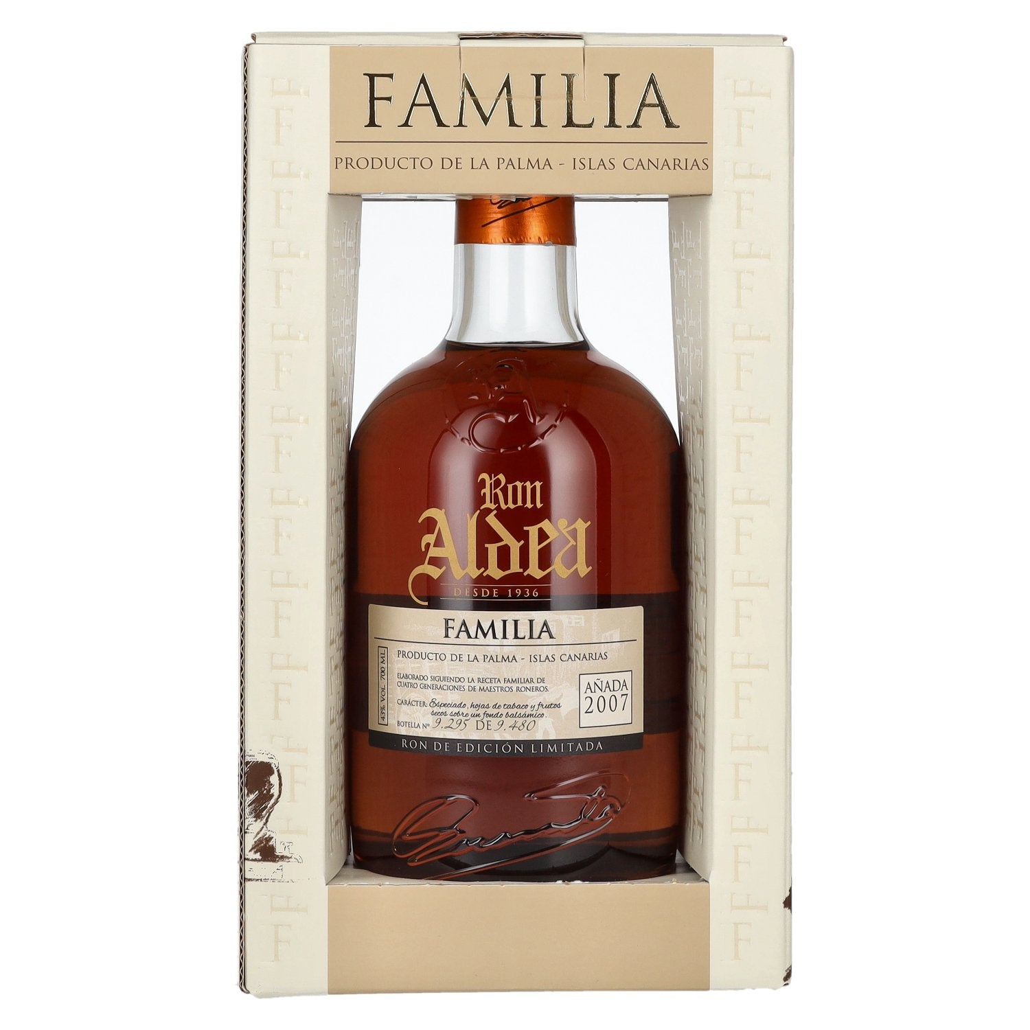 Ron Aldea FAMILIA Edición Limitada Añada 2007 43% vol. 0,7l en boîte cadeau