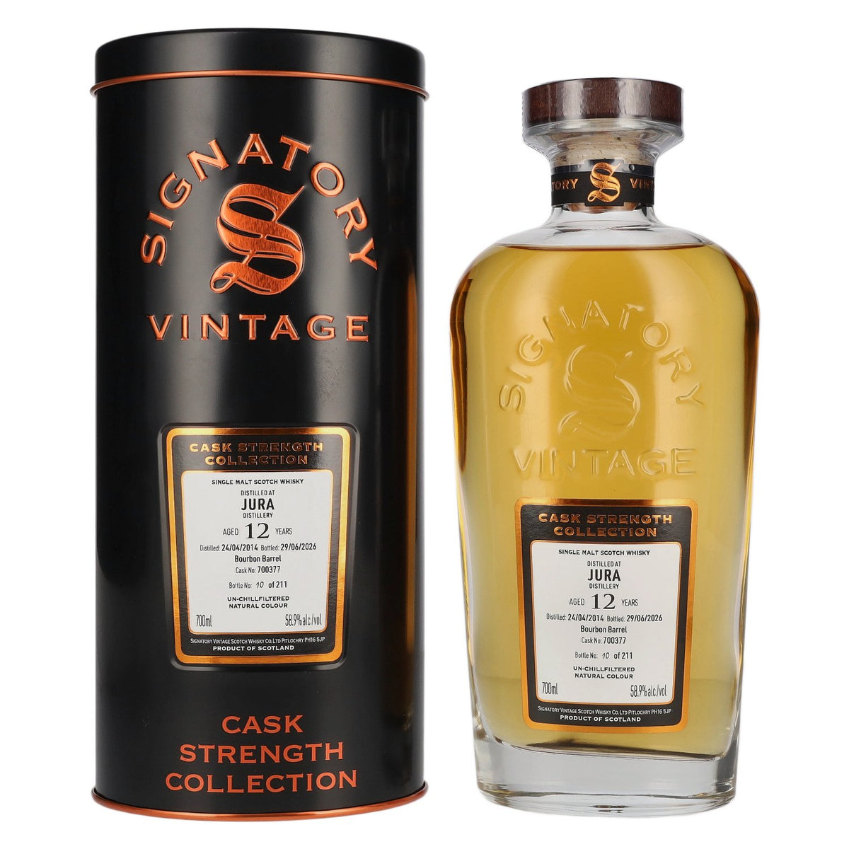 Signatory Vintage JURA 12 ans d'âge, vieilli en fût de bourbon, brut de fût n° 700377, 2014, 58,9 % vol., 0,7 l, dans une boîte en fer-blanc