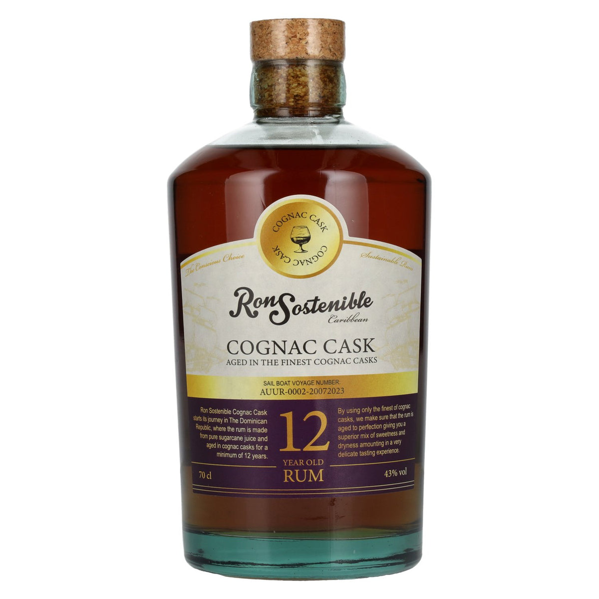 Ron Sostenible, rhum vieilli 12 ans en fût de cognac, 43 % vol., 0,7 l