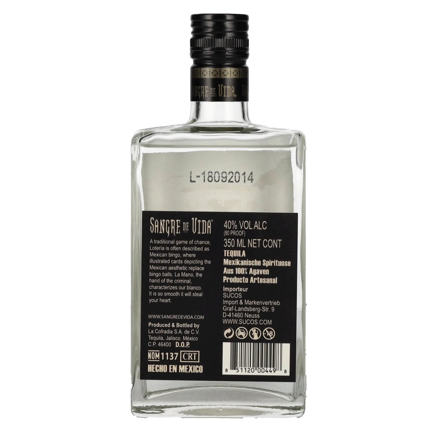 Sangre de Vida Loteria LA MANO Blanco Tequila 100% de Agave 40% Vol. 0,35l