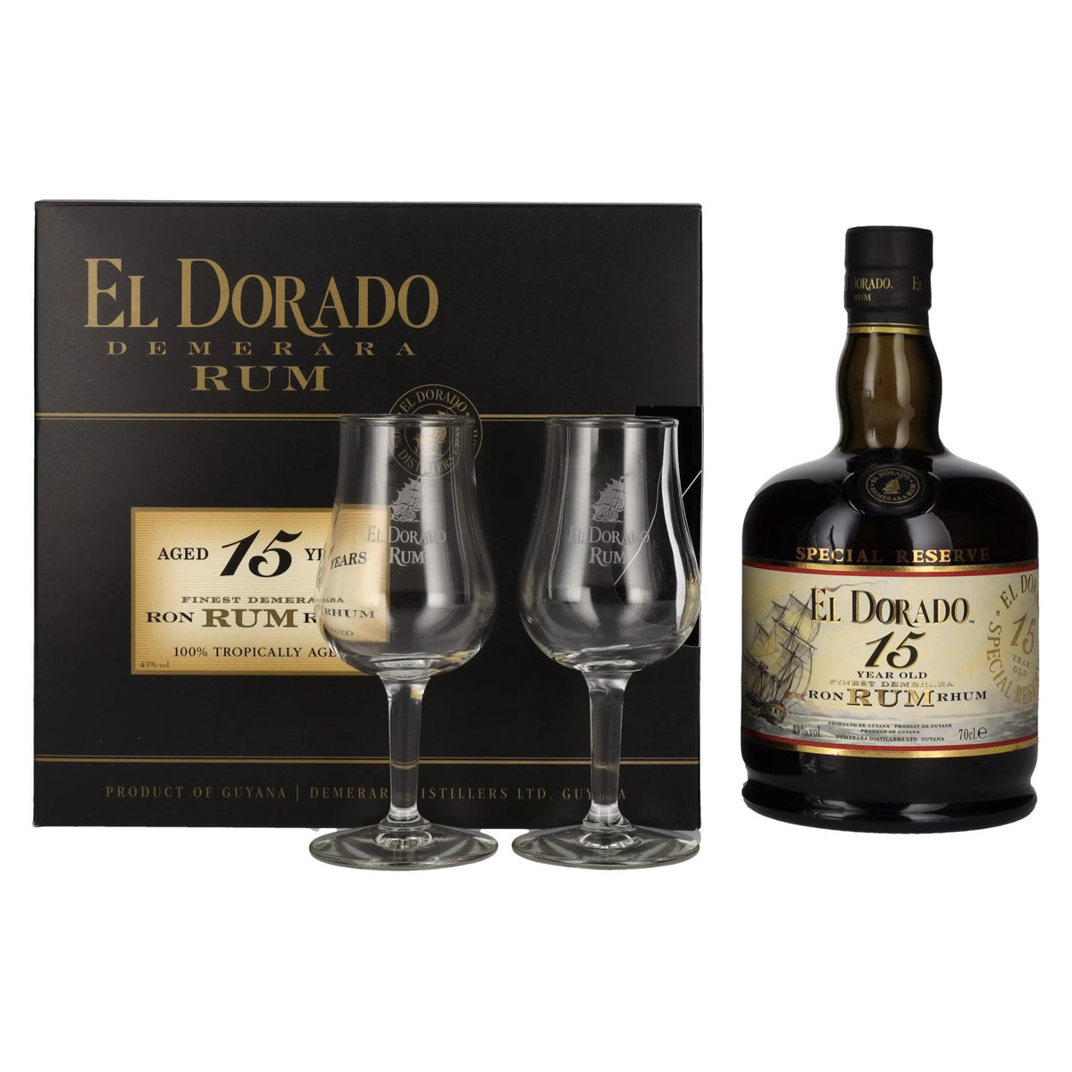 El Dorado 15 Years Old Finest Demerara Rum SPECIAL RESERVE 43% vol. 0,7l en boîte cadeau avec 2 verres