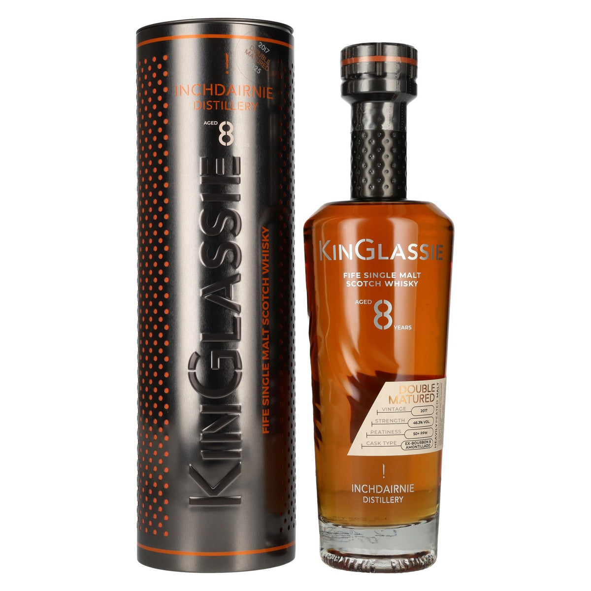 Inchdairnie KinGlassie 8 Years Old Double Matured Fife Single Malt Scotch Whisky 46,3% Vol. 0,7l en Tinbox