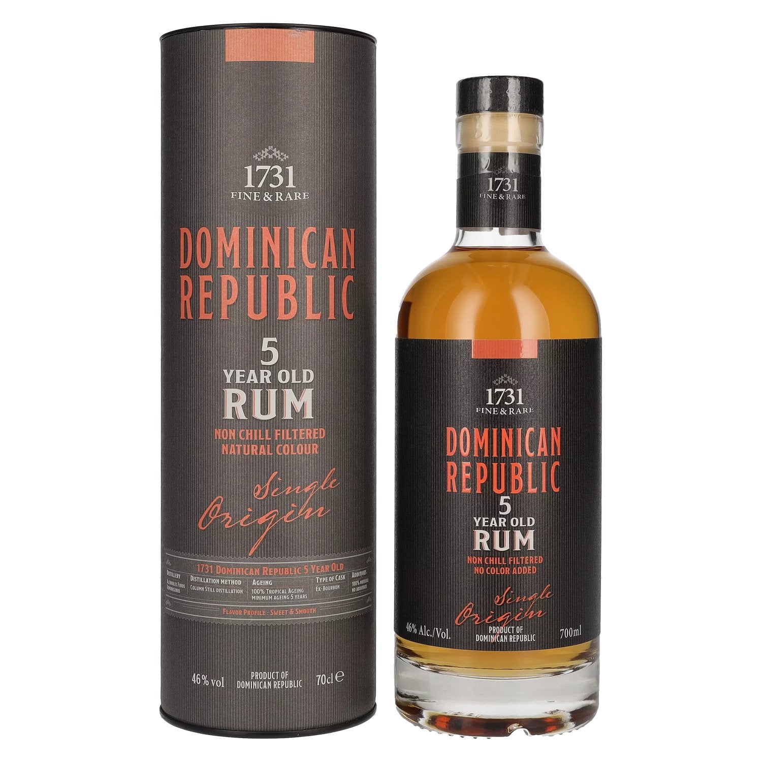 1731 Fine &amp; Rare DOMINICAN REPUBLIC 5 Years Old Single Origin Rum 46% Vol. 0,7l en boîte cadeau