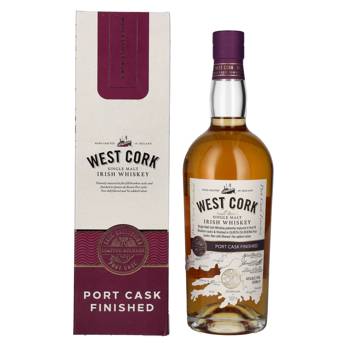 West Cork Single Malt Irish Whiskey PORT CASK FINISHED 43% vol. 0,7l en coffret cadeau