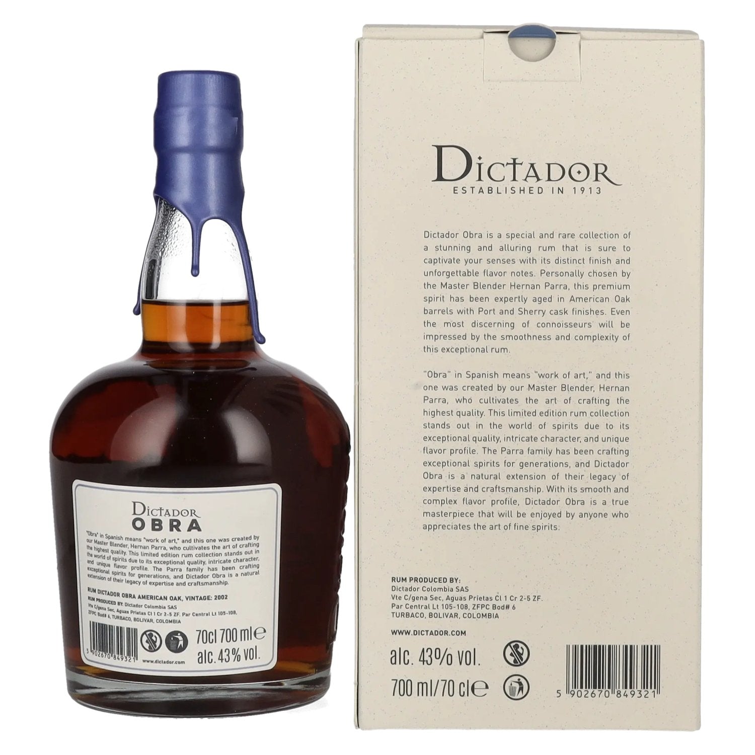 Dictador OBRA VINTAGE 21 Years Old AMERICAN OAK CASK Rum 2002 43% Vol. 0,7l in Geschenkbox