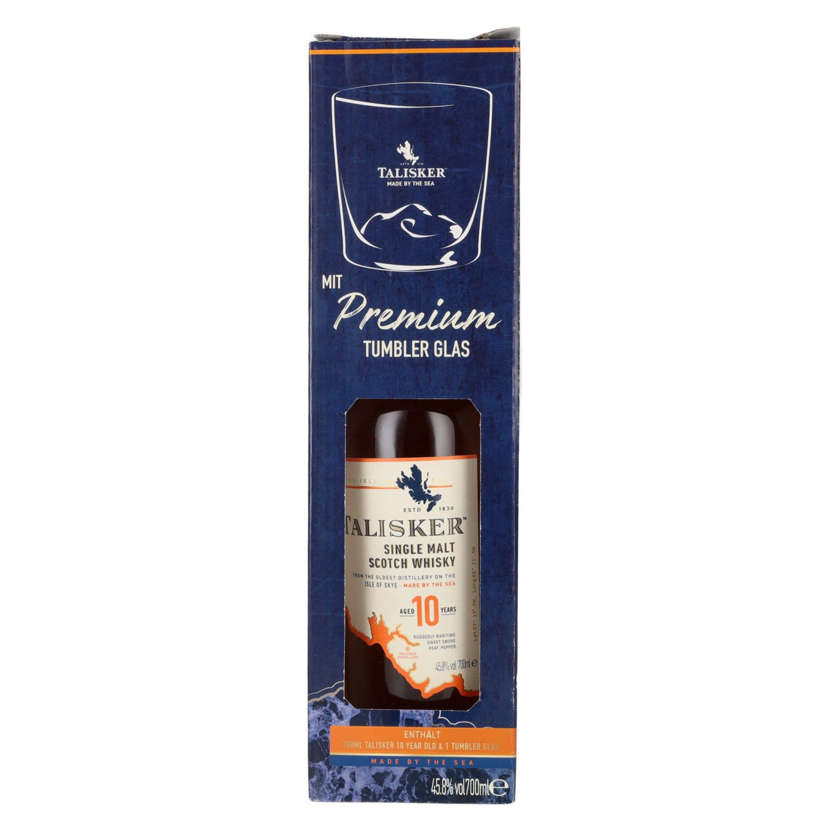 Talisker 10 Years Old Single Malt Scotch Whisky 45.8% ABV, 0.7 litres, in a gift box with a tumbler glass