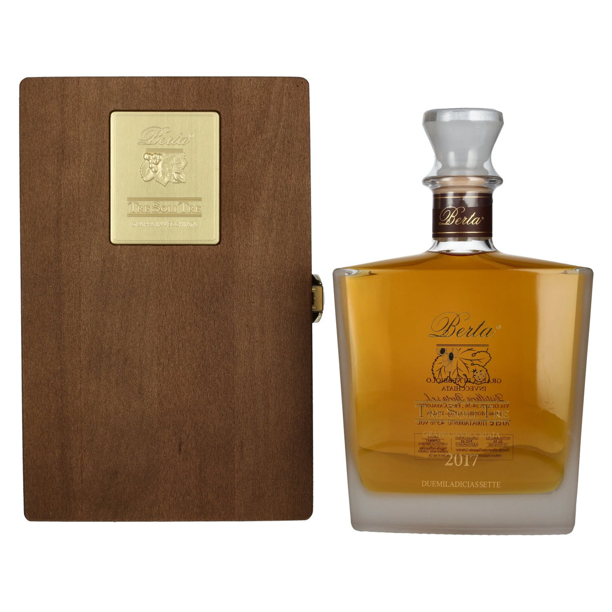 Berta Grappa Tre Soli Tre Grappa Invecchiata 2017 43% Vol. 0,7l in wooden box