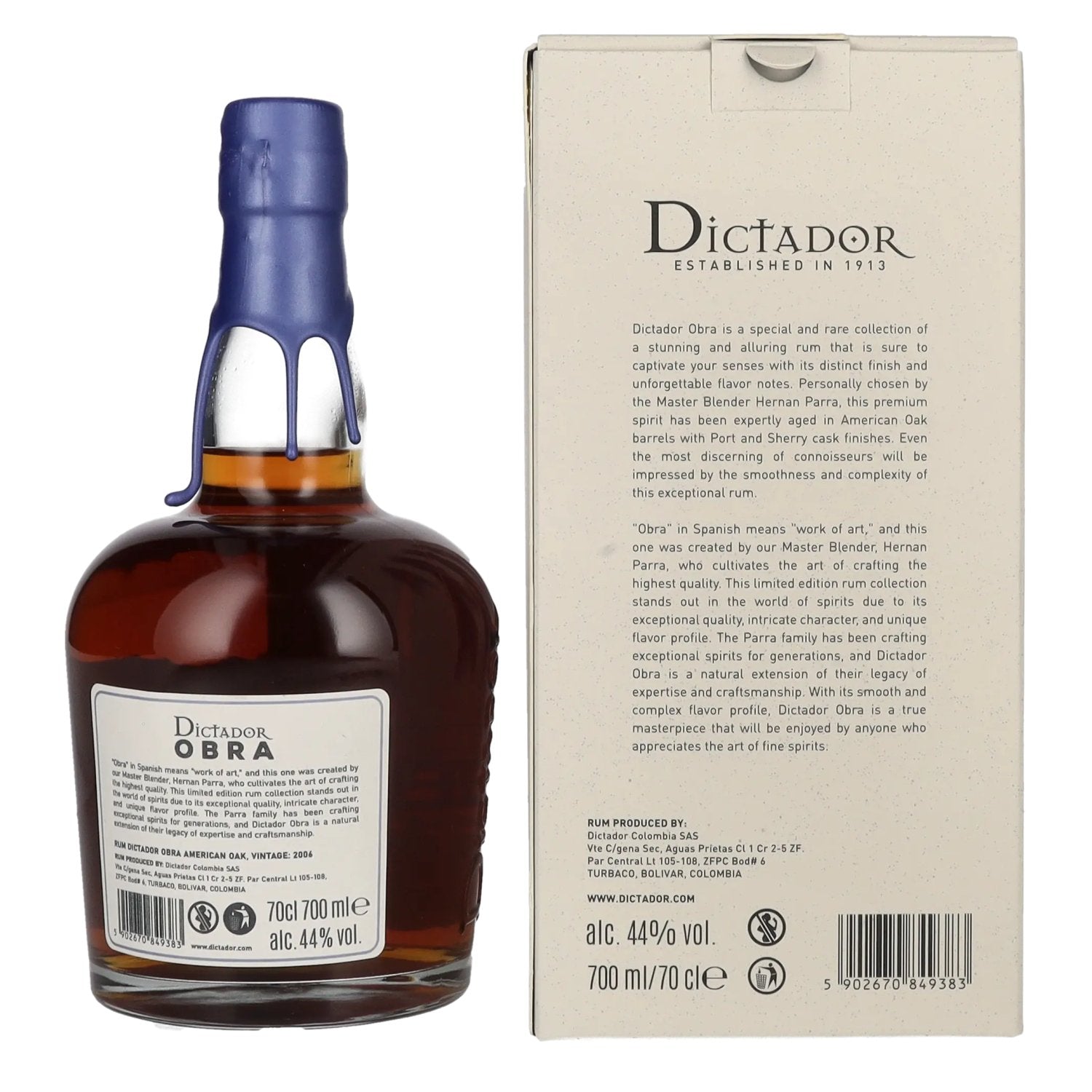 Dictador OBRA VINTAGE 17 Years Old AMERICAN OAK CASK Rum 2006 44% Vol. 0,7l in Geschenkbox