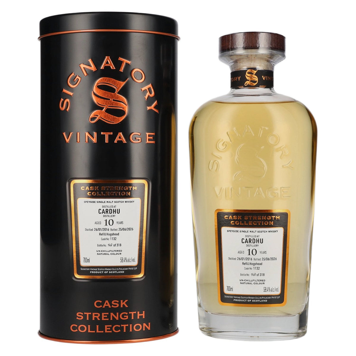 Signatory Vintage Cardhu 10 ans d'âge, rechargé en fût Hogshead, brut de fût n° 1132, 2016, 58,4 % vol., 0,7 l dans une boîte en fer-blanc