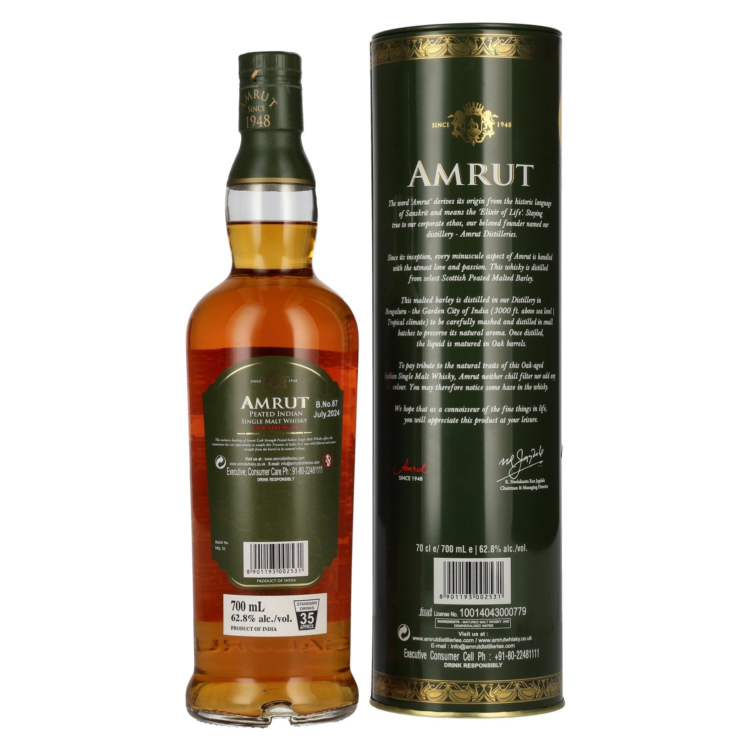 Amrut PEATED Indian Single Malt Whisky CASK STRENGTH 62,8% Vol. 0,7l in Tinbox