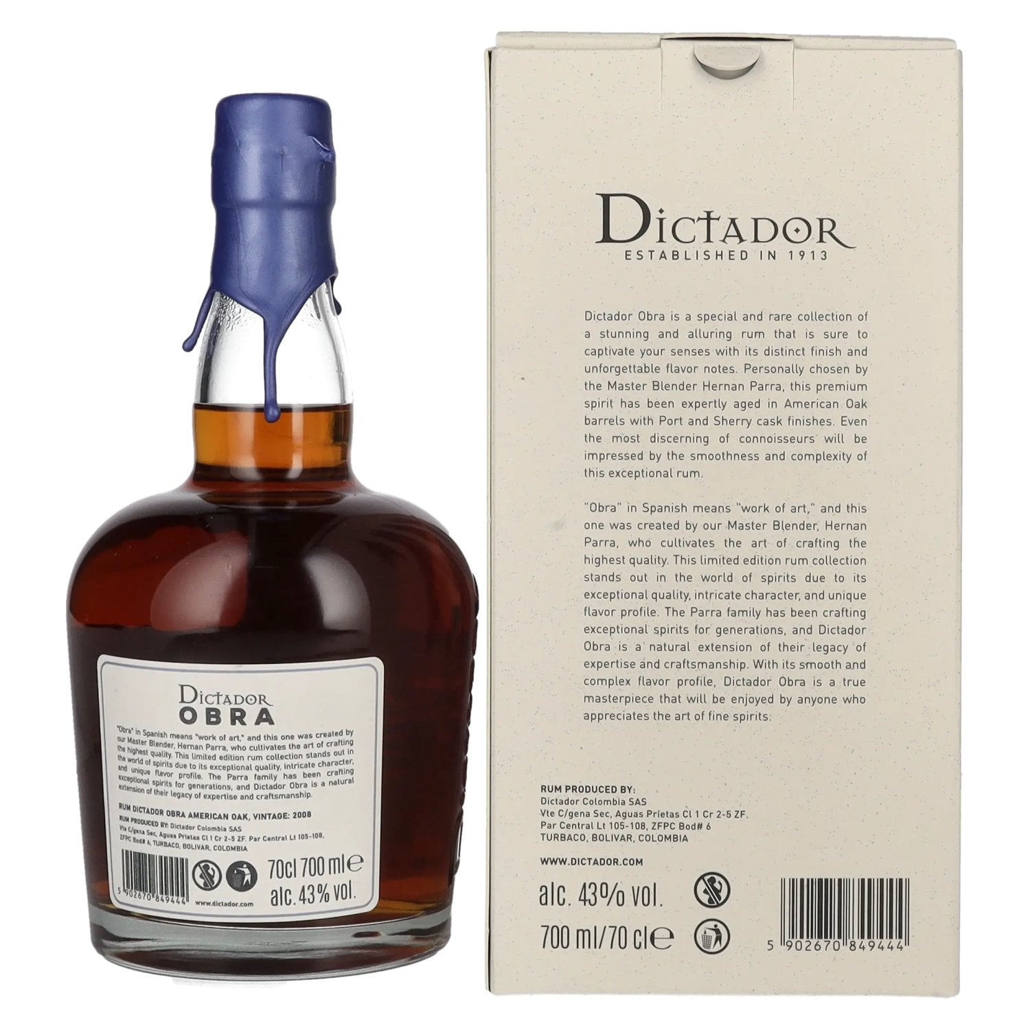 Dictador OBRA VINTAGE 15 Years Old AMERICAN OAK CASK Rum 2008 43% Vol. 0,7l in Geschenkbox