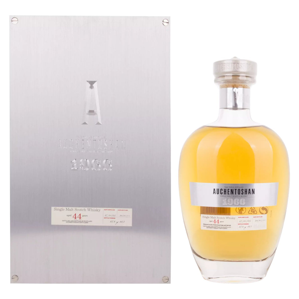 Whisky single malt écossais Auchentoshan 44 ans d'âge, millésime 1966, 40,9 % vol., 0,7 l, dans un coffret en bois