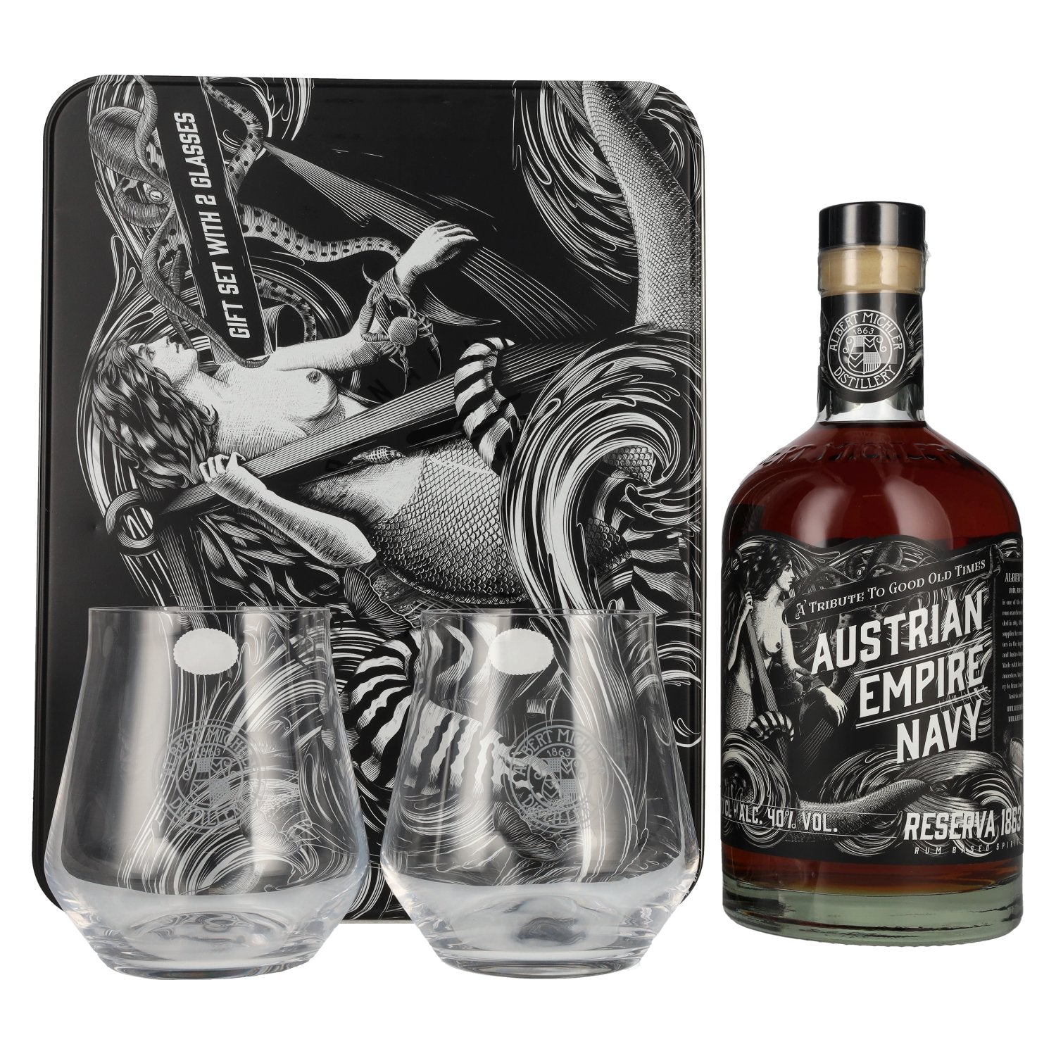Austrian Empire Navy RESERVA 1863 Spirit Drink 40% vol. 0,7l en boîte cadeau avec 2 verres