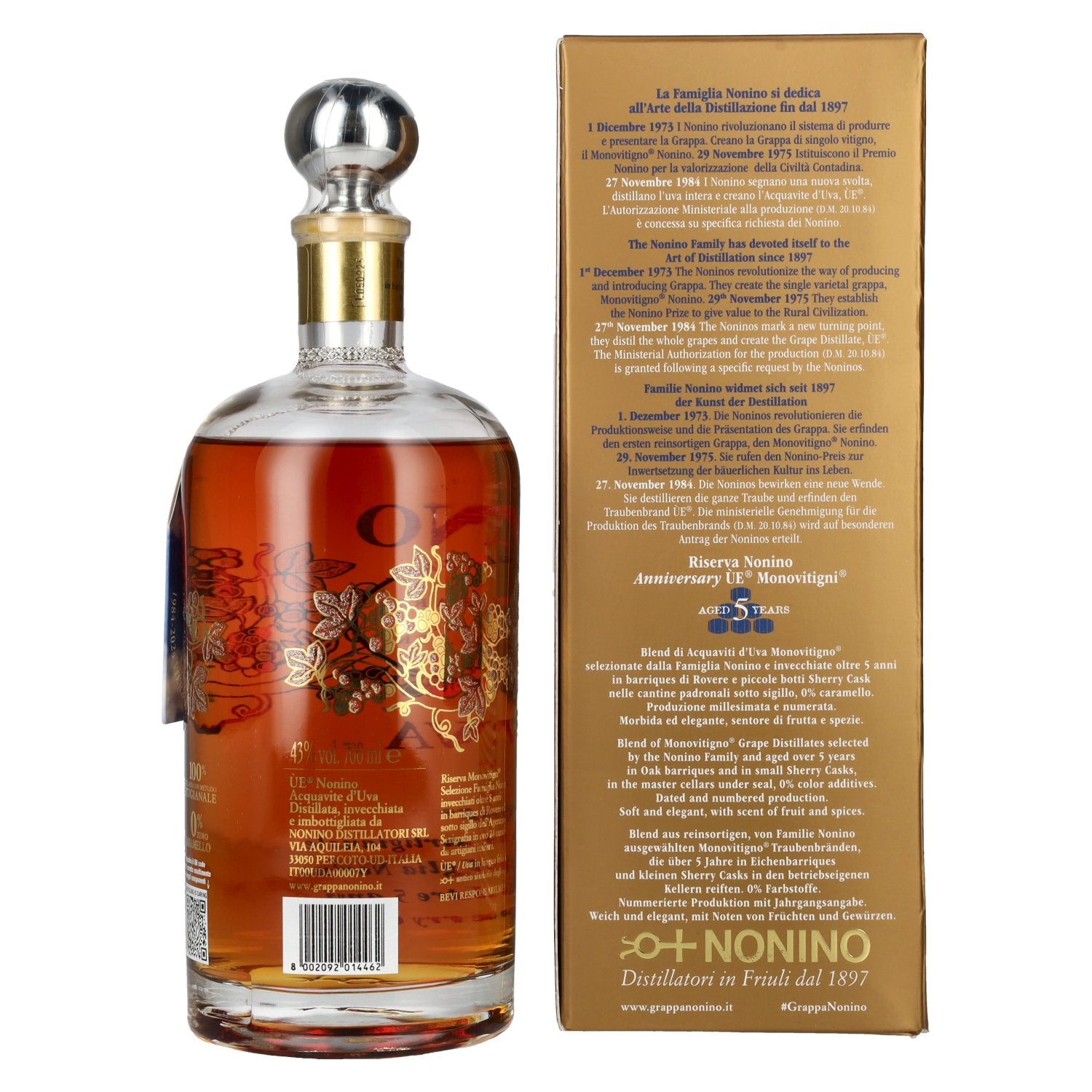 Nonino Grappa ÙE Monovitigni Riserva 5 Years Old 43% vol. 0.7 l in a gift box