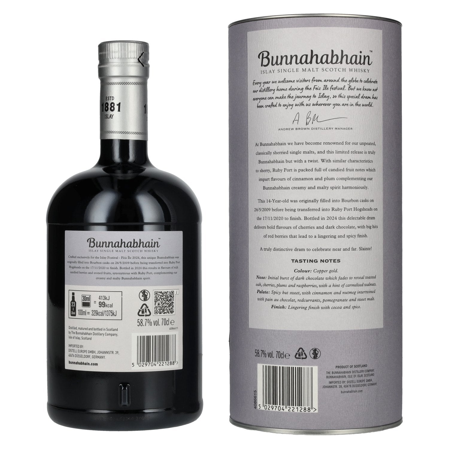 Bunnahabhain 14 Years Old RUBY PORT CASK Matured Limited Release Fèis Ìle 2024 58,7% Vol. 0,7l en boîte cadeau