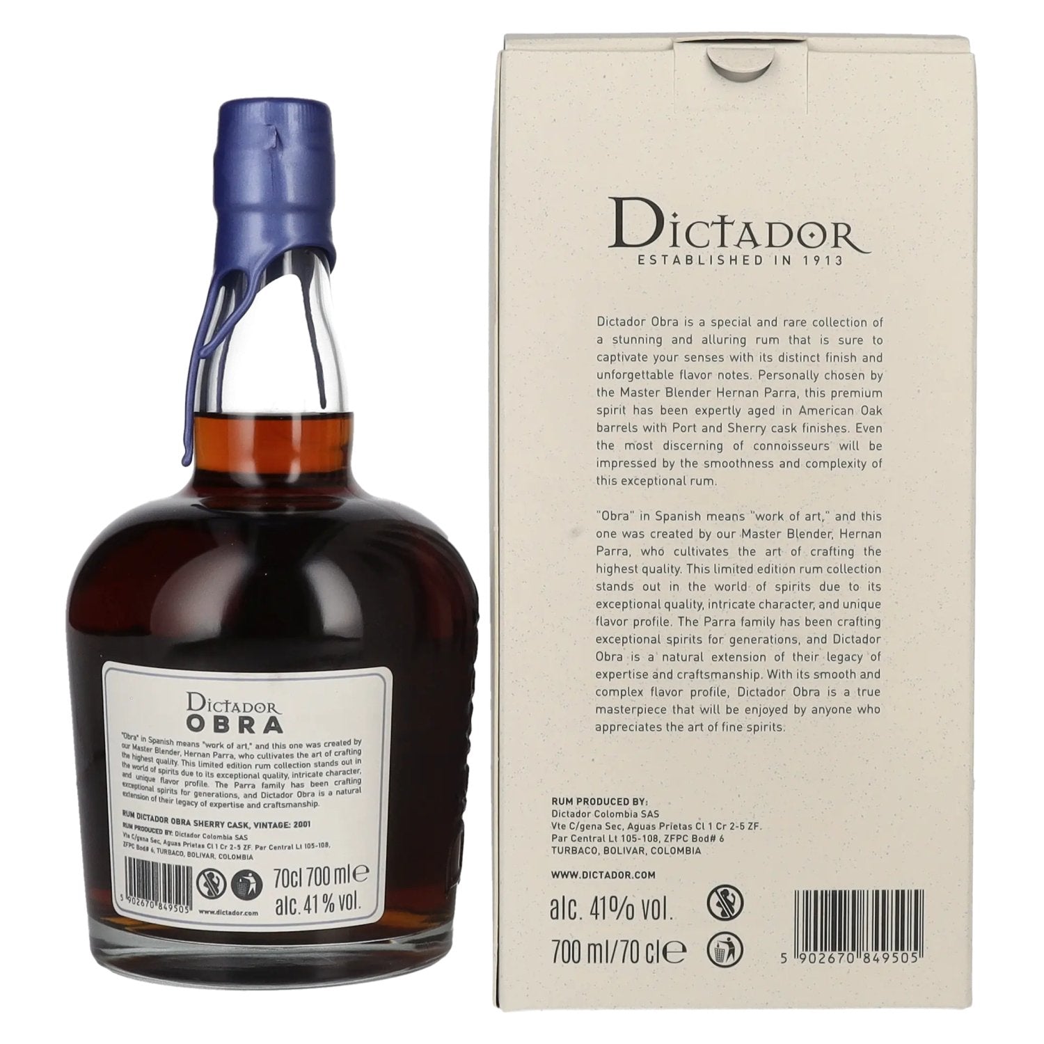 Dictador OBRA VINTAGE 22 Years Old SHERRY CASK Rum 2001 41% Vol. 0,7l in Geschenkbox