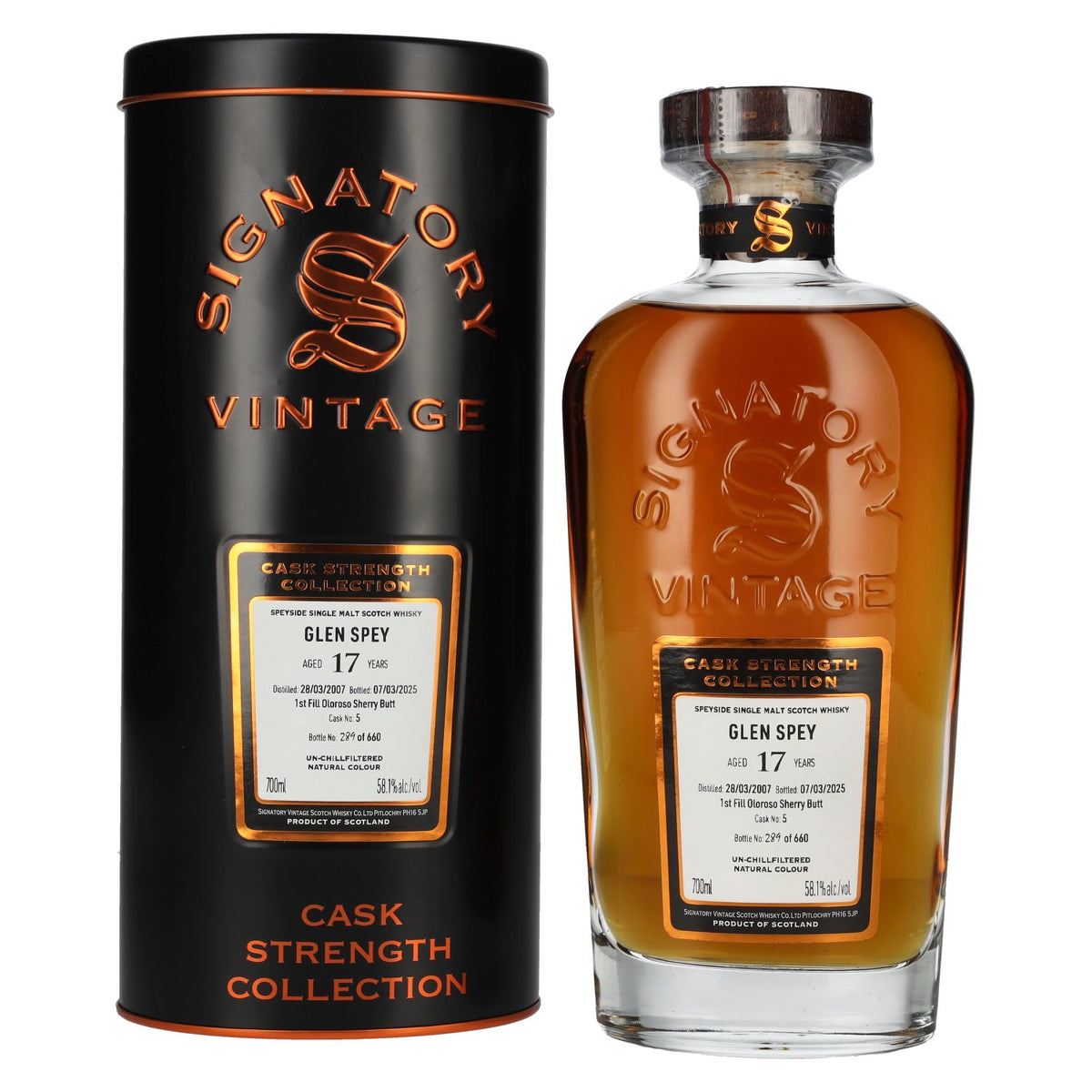 Signatory Vintage Glen Spey 17 ans d'âge, premier remplissage en fût d'Oloroso, brut de fût n° 5, 2007, 58,1 % vol., 0,7 l dans une boîte en fer-blanc