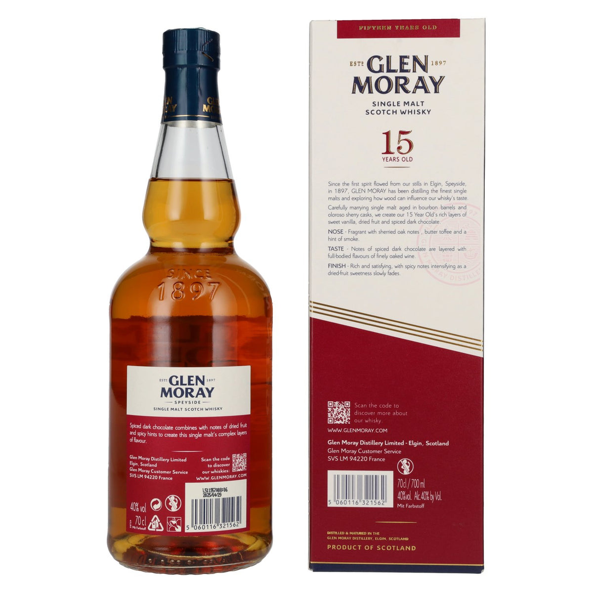 Glen Moray 15 Years Old Bourbon &amp; Sherry Cask Speyside Single Malt 40% ABV 0.7l in a gift box