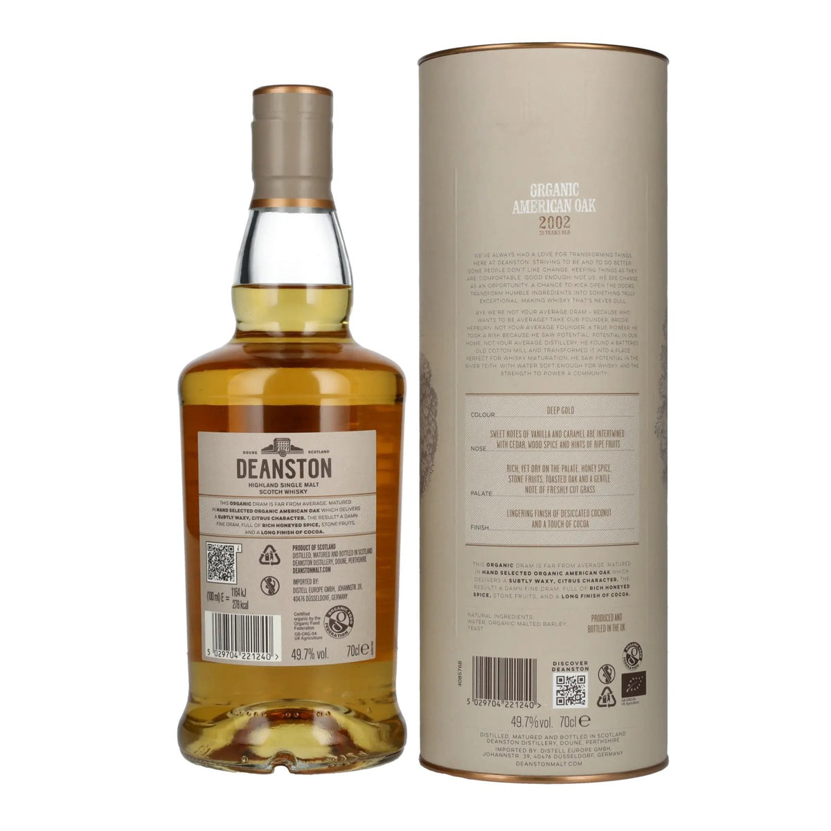 Deanston 20 Years Old Organic American Oak Highland Single Malt 2002 49,7% Vol. 0,7l in gift box